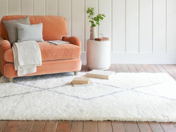 sala com tapete neutro e sofá cor coral