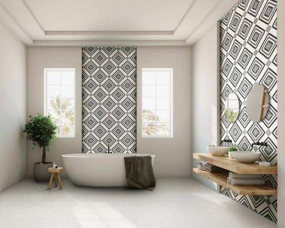 Banheiro com azulejos brancos, cinza e madeira em Tile Mountains