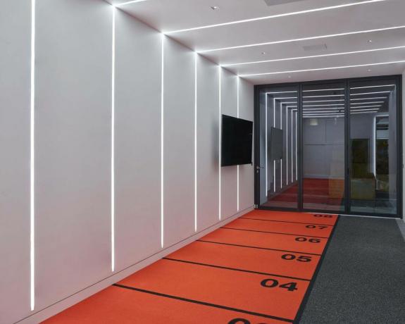 Une salle de gym à domicile avec un décor de tapis rouge et un éclairage LED au plafond