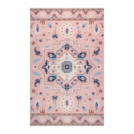 Boho stiliaus raštuotas skaistalų atspalvių kilimas