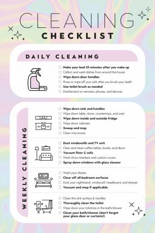 Una lista di controllo per la pulizia giornaliera e settimanale su uno sfondo astratto pastello