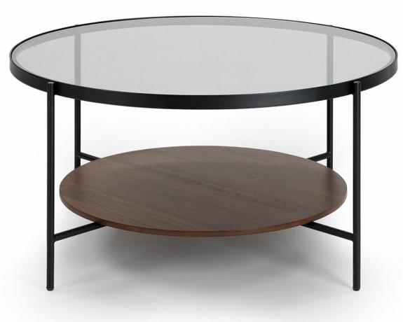 विट्री स्मोक्ड ग्लास और अखरोट की लकड़ी गोल कांच की मेज