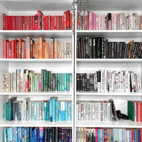 En bogreol med bøger i regnbuerækkefølge