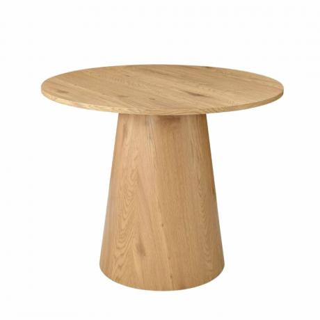 Una mesa de madera con tapa redonda.