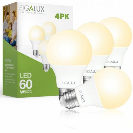  Sigalux LED Ampuller 60 Watt Eşdeğer A19 Standart Ampuller 2700K Sıcak, Dim Edilemez Enerji Verimli 9.5W LED Yumuşak Beyaz Ampul E26 Orta Taban, 800 Lümen, UL Listeli, 4'lü Paket Yakınlaştırmak için görselin üzerine gelin VİDEO Ürün Enerji Rehberi Sigalux LED Ampuller 60 Watt Eş değer