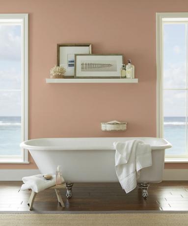 צבע השנה של Behr בחדר אמבטיה עם נוף לים