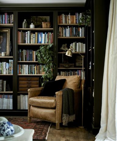 Neptün tarafından ev kütüphanesi fikrinde siyah kitaplık tasarımı