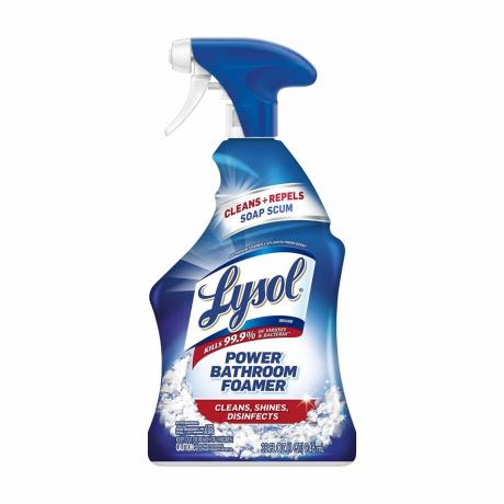 Uno spray detergente Lysol Power in una bottiglia blu