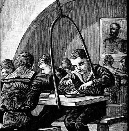Viktorijos laikų graviūra jauniems jūreiviams valgant