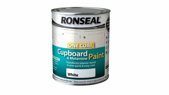 Beste maling for kjøkkenskap: Ronseal One Coat skap Melamine & MDF Paint White Gloss 750ml