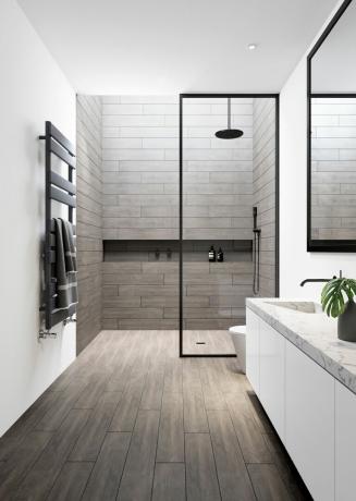 harmaa, musta ja valkoinen suihkuhuone, jossa kaksinkertainen pesuallas
