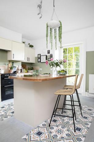 크림 단위, 목재 작업 표면, 무늬가 있는 바닥 타일, 녹색 페인트 벽, 등나무 바 스툴 및 매달린 화분에 있는 식물이 있는 주방