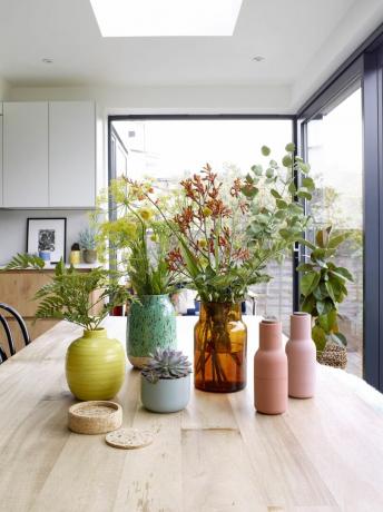 Värikkäitä maljakoita ja kukkia ja kasveja ruokapöydällä