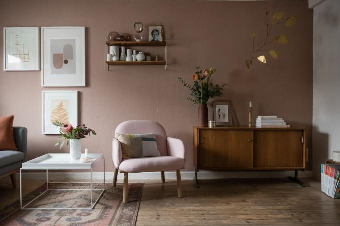 Růžový obývací pokoj v polovině století