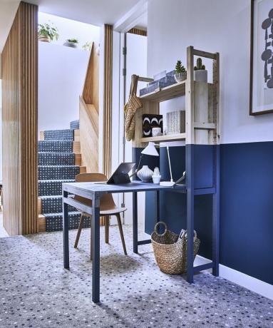 Nápady na malou domácí kancelář od Carpetright představující koberec Condo Wilton v minerálním puntíku a modrozeleném puntíku, 39,99m2 liber