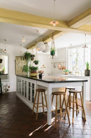 kjøkken i hvit shaker -stil med terrakottafliser og planter