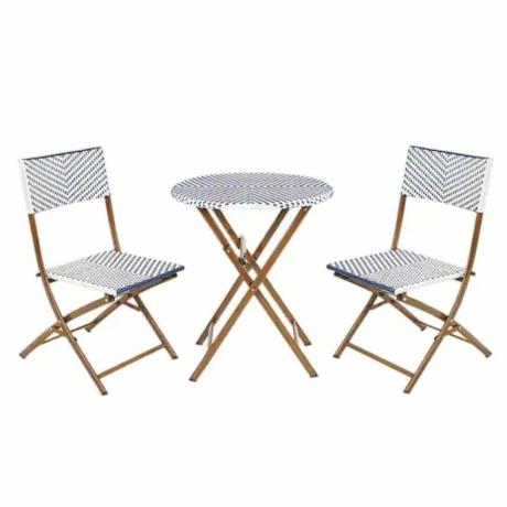 Modrobílý pruhovaný francouzský bistro set se dvěma židlemi a stolem