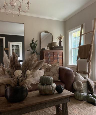 層状のスロー、毛布と枕、カボチャと花瓶の乾いた草で居心地の良い感謝祭のリビングルームの装飾