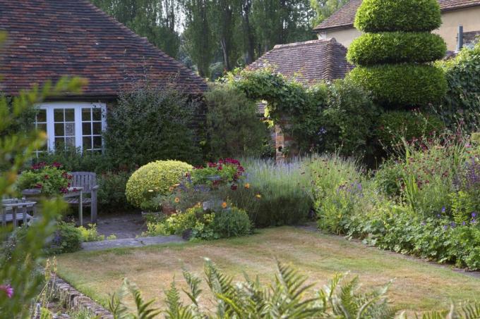 bordi del giardino del cottage con arte topiaria