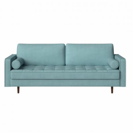 En lang blå sofa