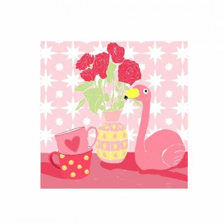Ett rosa konsttryck med en vas, flamingo och muggar
