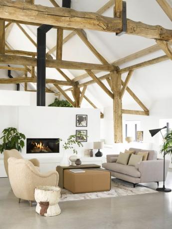 espacio de sala de estar de planta abierta blanca con chimenea y muebles naturales
