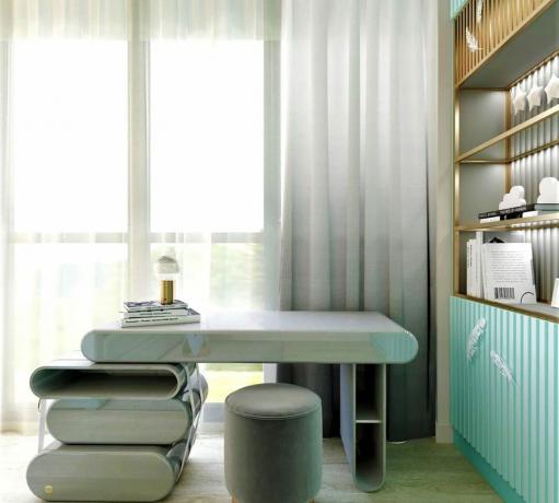 Ljusa flödande gardiner i blå moderna hemmakontor