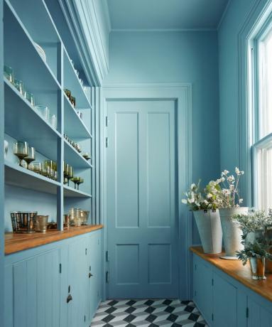 Farbdurchtränkte Speisekammer mit Wänden und Decke in einem einzigen Mitteltonblau
