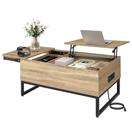 Lehký dřevěný konferenční stolek se zvedací deskou s černým kovovým kováním