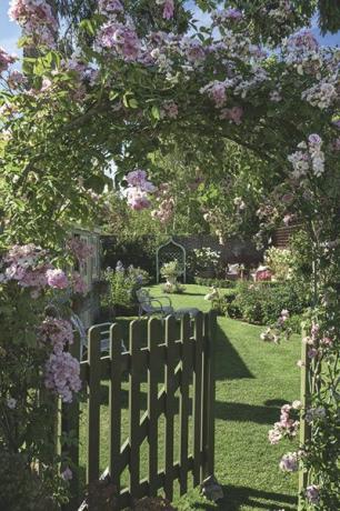 バラのある拡張されたビクトリア朝のコテージの庭の門