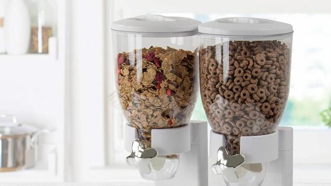 „Amazon“ virtuvė perka: „SQ Professional Double Cereal Dispenser“ sauso maisto baltas/juodas plastikinis indas