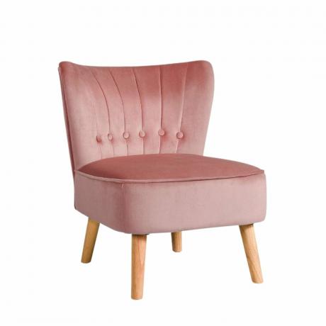 लकड़ी के पैरों वाली एक गुलाबी रंग की कुर्सी