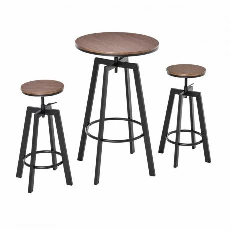 Juego de comedor para espacios pequeños de estilo industrial con mesa de comedor redonda alta y taburetes de bar