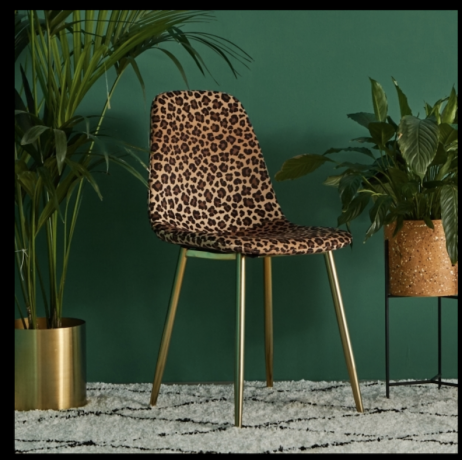 Chaise en velours imprimé léopard devant un fond vert jardinières avec des plantes