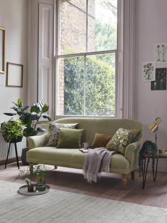 A nappali kialakításának módja: zsálya zöld és rózsaszín nappali, több szobanövényfajjal