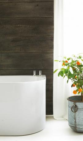 imagine sanitară de baie cu perete din lemn de culoare închisă și portocaliu mic
