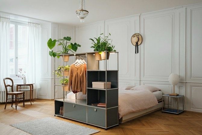 Apartemen studio dengan tempat tidur dan tanaman pot