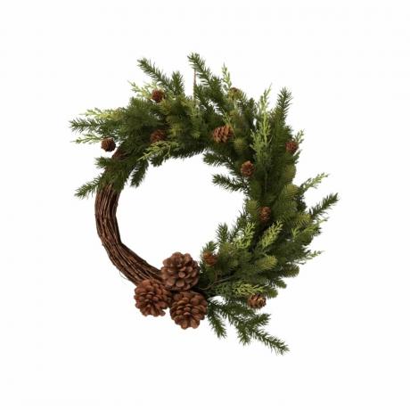 o coroană de Crăciun verde artificială cu conuri de pin