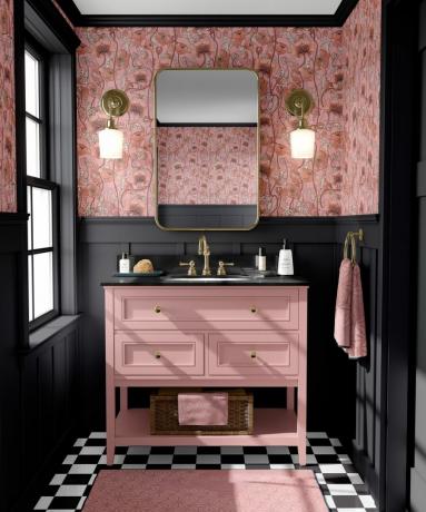 Juodos vonios idėja: skaistalais tapytas opiumo tapetas vonios kambaryje