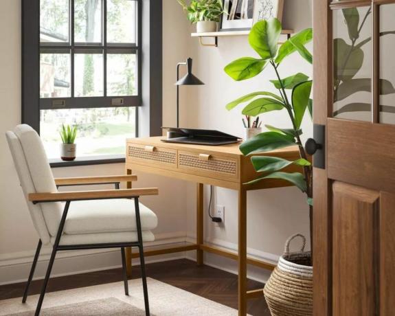 Scrivania in legno con sedia da ufficio neutra e piante