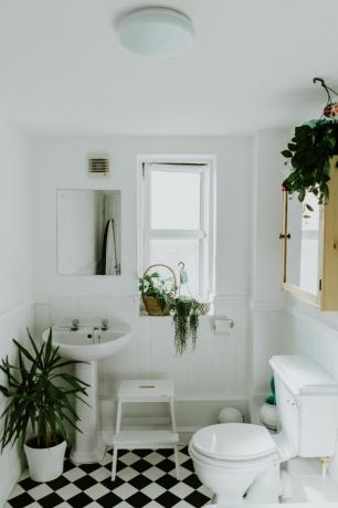 Baltas vonios kambarys su juodai baltomis languotomis grindų plytelėmis, sekančiomis ir kabančiais kambariniais augalais