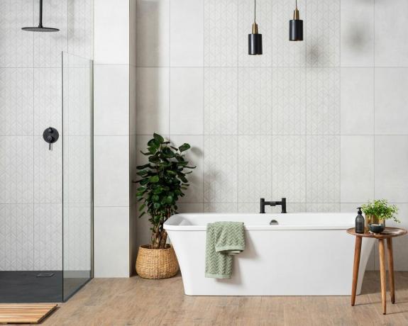 Vrijstaand wit bad met wit betegelde wand, douchecabine en kamerplant voor binnen op houten vloer