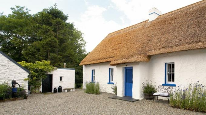 Kalkgewaschenes irisches Cottage außen