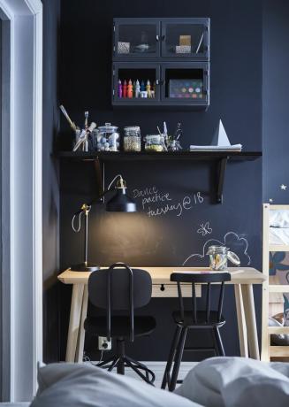 hjemmekontoridé: Et lite skrivebord i en alkove med mørke vegger