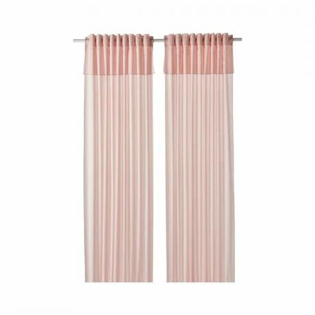 Švelnios rožinės spalvos šviesiai filtruojančios užuolaidos su dvigubu viršutiniu sluoksniu