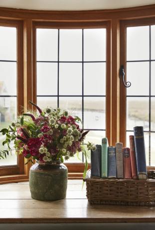 खिड़की के सिले पर फूल और किताबें