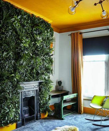 塗装された天井とリビングウォールのある黄色のベッドルームのアイデア