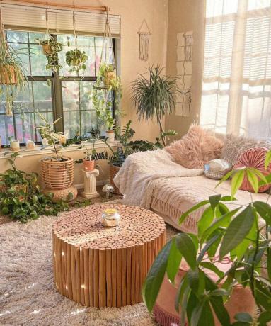 Un soggiorno con divano grigio, tavolo in legno e piante