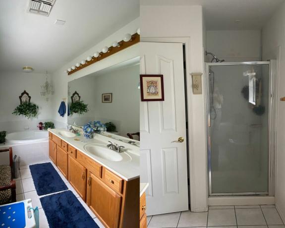 Pirms Brūkas Veitas datētās vannas istabas telpas ar koka detaļām, paklāju un baltām gludām sienām