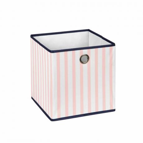 Um cubo de armazenamento listrado rosa e branco